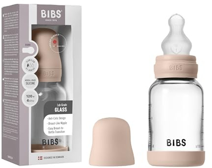 BIBS Baby Glass Bottle. 120ml. Anti-Colic. Vented Silicone Teat. Supports Natural Breastfeeding, Slow Flow, Complete Set - 120 ml, Blush