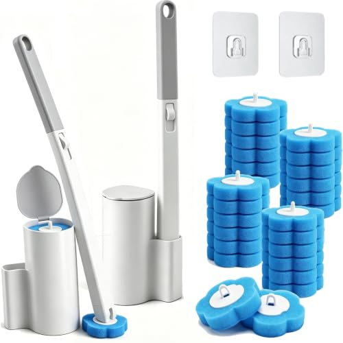 Disposable Toilet Brush 2Pack with 24 Refill Sponges, Wall Mounted Toilet Cleaning Wand System with Holder for Bathroom, Sink, Bathtub, and Floor Cleaning