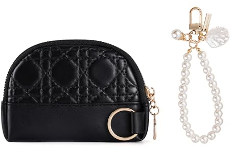 MSLSOZ Mini Coin Purse, Soft Leather Small Coin Pouch Bag with Compartment for Women, Zipper Pocket with Key Ring & Pearl Keychain (Black)