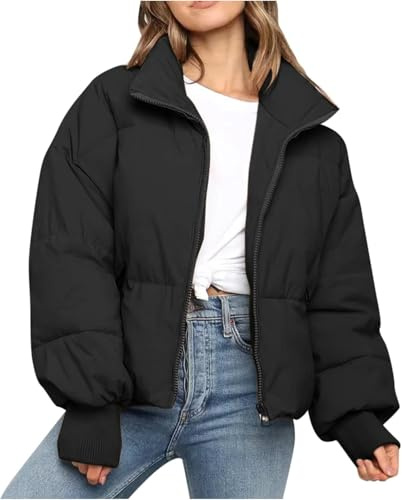 Generisch Winterjacke Damen, Winterjacke Damen Kurz Puffer Jacke Herbstjacke Federleichte Daunenjacke Damenjacken Leichte Übergangsjacke Warm Winter Jacket for Women XS-L, Schwarz, S