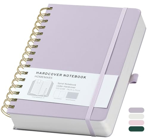 HOMEMARS Cuaderno de Puntos A5, Bullet Dot Journal,bloc de notas A5, Cuaderno de espiral, 300 Páginas, 100 g/m², 14,8 cm x 21 cm, Púrpura, Cubierta de Cuero, Trabajo y Oficina.Dotted