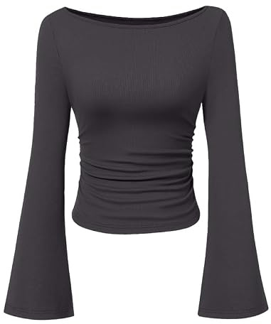 Sukiglam T-shirt dam långärmad klocka båtringad ribbad stickad elegant T-shirt smal passform basic t-shirt enfärgad blus casual mode pullover höst vinter vår