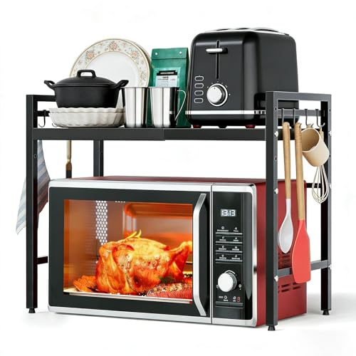 2 Niveaux Support de Four à Micro-Ondes Extensible, avec 6 Crochets, Porte-Micro-Ondes en Acier au Carbone, Longueur Réglable, 40-64cm, Convient aux étagères de Cuisine, aux étagères de Rangement