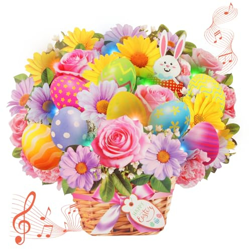 XTF2015 Biglietti di Pasqua, biglietto con uova di Pasqua con buste, musica e luci, 28 cm, coniglio carota 3D, biglietto di ringraziamento, regalo di Pasqua per bambini, amici e amanti