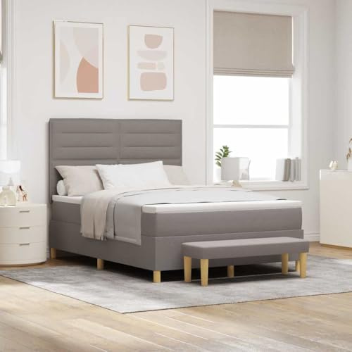 QUAHEAS Resårsäng med madrass, taupe tyg, 140 x 200 cm, ram av trämaterial, dubbelsäng, komfortskummadrass, med sänggavel, hållbar