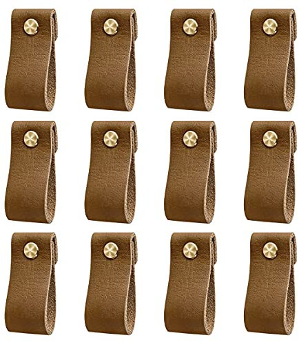 DOXILA Ledergriffe für Möbel - 12 Stück Vintage Leder Möbelgriff Schrankgriffe, 6 * 2 cm Kaffee Knöpf für Küche Schlafzimmer Schublade