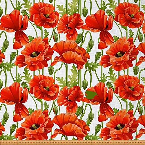 Papaveri tessuto al metro, con fiori rossi luminosi, per sedie, divano, foglie botaniche, per esterni, tessuto decorativo impermeabile, per progetti fai da te, 92 x 150 cm, bianco, rosso