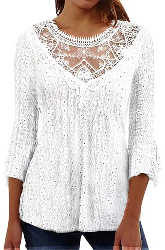 Chemisier Femme Chic Et Élégant, Chemisier Body Femme Chemise Blanche Tee Shirt Personnalisé Haut À Manches 3/4 en Dentelle Ajourée pour Femmes, Confortable Et Décontracté, Couleur (White,4XL)