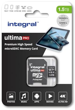 Integral 1.5TB microSD Card Premium Alta Velocidad Tarjeta de Memoria Vídeo 4K - hasta 100MB/s Lectura y 50MB/s Escritura, UHS-I, U3, Clase 10, A2 Rendimiento para App - Smartphones, tabletas, Drones
