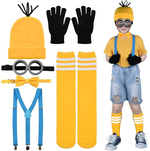 Abitoncc Yellow Costume for Kids World Book Day Costume Yellow Beanie Knit Hat, Steampunk Goggles Glasses, Bow Tie, Shoulder Strap, Stockings for Child Halloween World Book Day Cosplay Boys