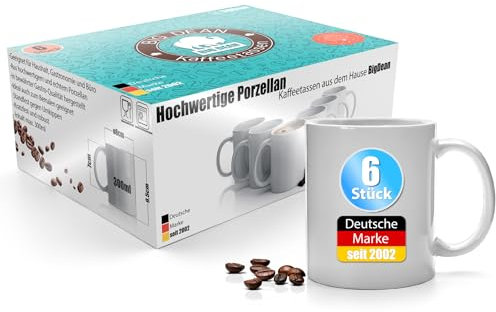 BigDean 6 Stück Kaffeebecher weiß 300ml – Kaffeetassen aus hochwertigem Porzellan in Geschenkverpackung