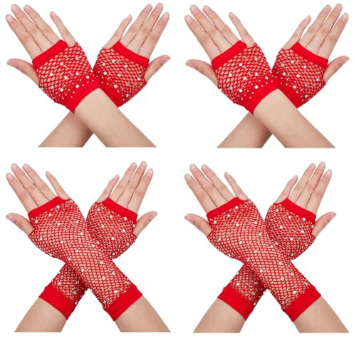 CABODYALS 4 paire de Gants en Résille Rouges 2 styles 80s en Filet de Poisson Manches de Bras de Soirée Sans Doigts Strass Pailletés Gants Élastiques Rave en Vrac pour Femmes Accessoires de Fête Cospl