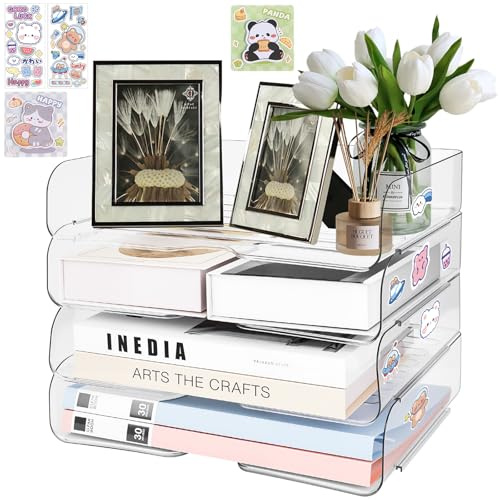 WUSUPU 4-Stöckige Ablagekorb für A4,Acryl Briefablage in Premium-Qualität,Dokumentenablage aus PET Kunststoff,Transparent Ablagefächer Stapelbar für Bücher Notizen Zuhause Büro Schule Organisieren