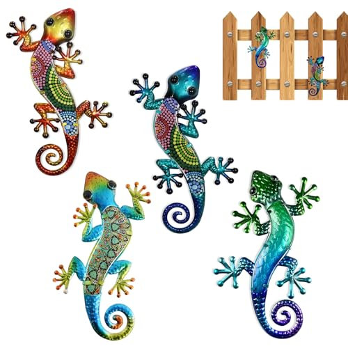 4pcs Metal Gecko Wall Decor for Garden Fence, 8x4cm Gecko Wall Art Decorations for Outdoors, Colourful Gecko Garden Ornaments & Outdoor Sculpture Wall Decoration for Patio Balcony Fence