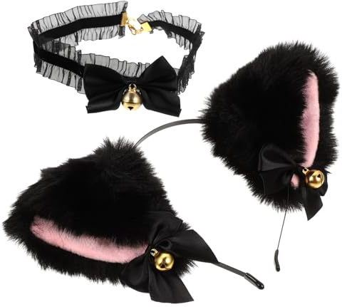 GANAZONO Serrage- Oreilles De Chat Et Cloche En Dentelle Pour Fille, Taille Unique, Léger Et Confortable, Accessoires Cosplay Et Fête, Ensemble Bandeau En Dentelle Noir Et Collier à Cloche