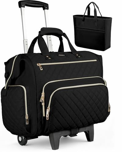 Awlcaw Rolling Teacher Bag, 16 Inch Rolling Laptop Bag with Detachable Dolly & Teacher File Tote, Large Roller Briefcase for Teaching Office Work, Women, Craft Nurse, Black
