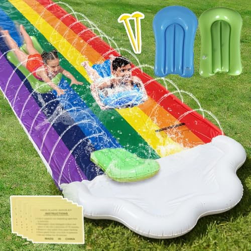 SKIKHN Pista Scivolo Acqua Doppio da Giardino,480x140CM Scivolo Acquatico Giardino,con Irrigatore e 2 Tavole Gonfiabili,5 Toppa di Riparazione,per Festa Estiva,Prato,attività Acquatiche All'Aperto