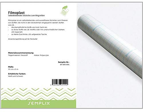 SEMPLIX Filmoplast® selbstklebendes ausreißbares Stickvlies: Zum Fixieren von Stoffen die nicht in den Stickrahmen können (weiß, 33 cm x 5 m)