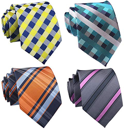 Secdtie Men's 4 Pack Plaid White Silver Jacquard Woven Silk Tie Bpys Formal Necktie Teal Silver, Yellow Blue, Blue Navy, Gray Pink