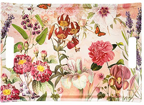 Lashuma Plateau de service en mélamine avec poignées - Grand plateau décoratif - 38 x 27 cm - Plateau beige - Rouge - Motif fleurs sauvages