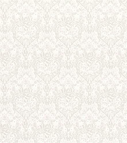 Rasch 710052 Non-Woven Wallpaper with Leaves in Light Grey and Flowers in Pink and White from The Sophia Collection - 10.05 m x 0.53 m (L x W)