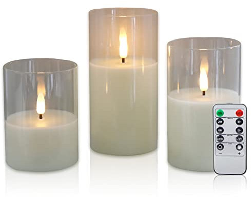 CCLIFE LED Kerzen Set mit Fernbedienung Timer Funktion 300 Stunden flackernde Paraffin Echtwachs,mit Glas