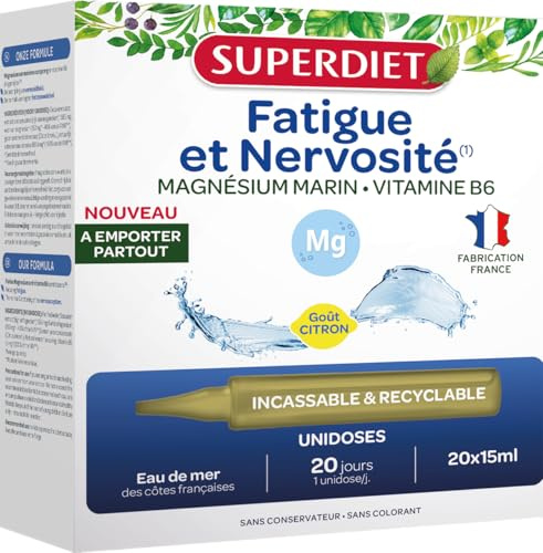 SUPERDIET- MAGNÉSIUM MARIN, VITAMINE B6 -Stress & Sommeil - Goût citron- Fabrication française - Format nomade - 20 Unidoses de 15 ml