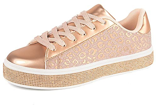 UUBARIS Baskets de tennis à paillettes pour femme - Fluo - Élégantes - Avec strass - Pour mariage - Chaussures de mariée à paillettes brillantes, Paillettes imprimées léopard or rose, 43 EU