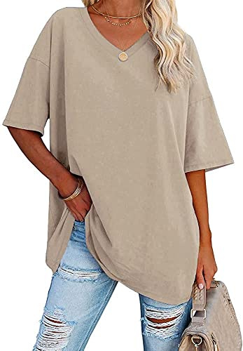 Ebifin T-shirt surdimensionné pour femme avec col en V, manches courtes, décontracté, basique, pour l'été, kaki, L