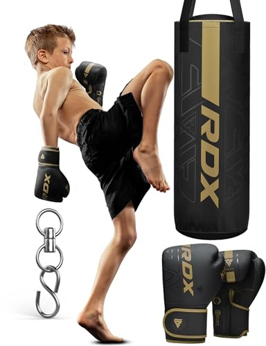RDX Filled Kids Punch Bag, 60CM Maya Hide Leather Hanging Junior Set for MMA Muay Thai Karate Kickboxing Training, Kids Punching Bag for Girls Boys Children