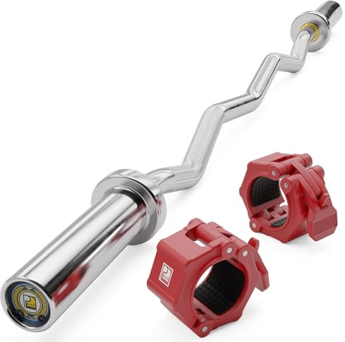 POUDI SPORT 1 Curlstange/SZ Stange Olympische aus verchromtem Stahl 120cm – 10kg | Max. Belastung : 182kg | Ø : 50mm | 2 Rote Hantelverschlüsse