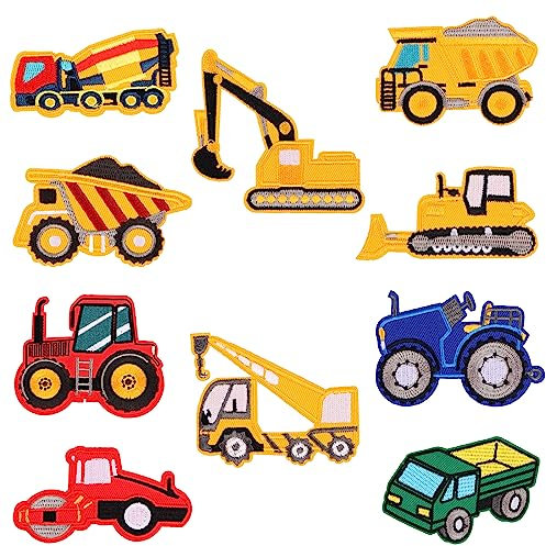 10 Stück Flicken zum Aufbügeln Kinder, Bügelflicken für Kinder Baufahrzeug Patch, Bestickte Applikation zum Aufnähen/Aufbügeln, Bügelbilder Aufbügelflicken für Kleidung Jacken, T-Shirt, Jeans