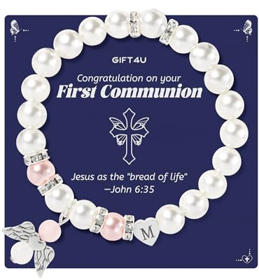 GIFT4U Kommunion Schutzengel Armband für Mädchen mit Buchstaben Perlen - Armbänder Erstkommunion Geschenke für Frauen