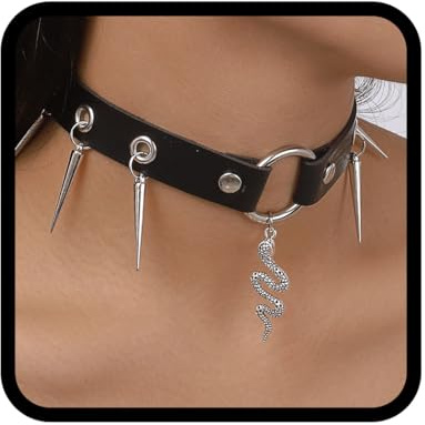 Fashband Collana a serpente nera lunga in pelle con borchie gotiche rivetti collana girocollo da donna, Pelle