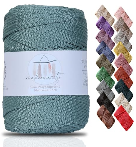 Makromecity, cordino macramè in poliestere di alta qualità, 3 mm x 100 m - 3 mm, in polipropilene crepe verde per macramè, uncinetto, artigianato, per appendere a parete, borse, sottopiastre, tappeti