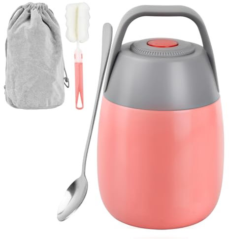 Contenitore Termico per Alimenti Caldi 450ml, Portapranzo con Sacchetto Spazzola Cucchiaio, a Prova di Perdite, Acciaio Inossidabile Doppia Parete, Lunch Box Tazza Muesli Yogurt, 6-12h Termico (Rosa)