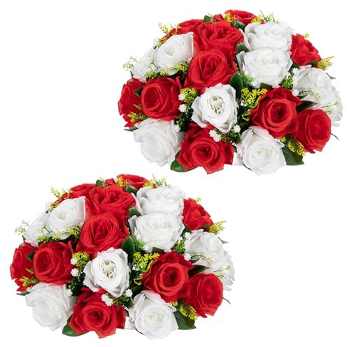 Uppsättning av 2 konstgjorda rosor, blomkula med 30 huvudrosor, konstgjorda sidenblommor, bukett, rosbukett, för bröllop, hem, bordsfest, fönsterdekoration, bröllopsmedelstycken, vit-röd