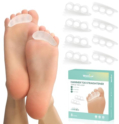 Welnove Correttore Dita a Martello per Donne - 8 Cuscinetti in Gel per Dita Piegate e Storte, Design 3 Anelli, Supporto Morbido (Trasparente)