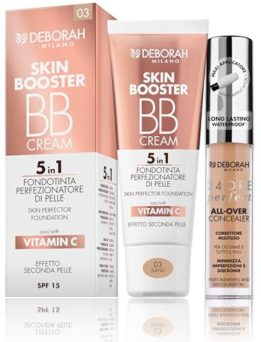 Deborah Milano -Set Makeup BB Cream Skin Booster, SPF 15, 03 Sand, con Vitamina C, Effetto Seconda Pelle, 30ml e Correttore Fluido 24 Ore Perfect All-Over, 05 Amber, Waterproof e Long Lasting, 5.5gr