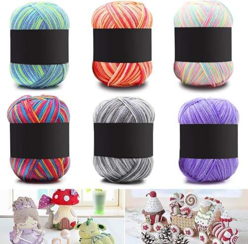 Häkelgarn, Farbe Acryl Wolle Zum Häkeln, 50g Handstrickgarn Baumwollgarn, Weiches Mehrfarbiges Garn Set zum Stricken, 6 gemischte Farbverlaufsfarben, für Häkeln und DIY Kunsthandwerk,6 Stück