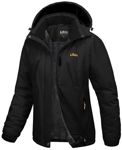 Libin Winterjacke Damen Skijacke Snowboardjacke Warme Gefüttert Fleecejacke Winddicht Outdoorjacke Winter Jacket mit Abnehmbarer Kapuze Softshell Funktionsjacke Schwarz L