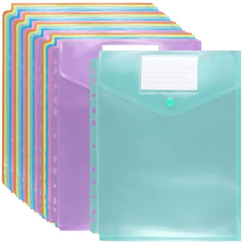 CHUIFAI 24 unidades A4 portadocumentos para archivar, 6 colores, multicolor, A4, carpeta de documentos con botón de presión y bolsillo para etiquetas, 11 bolsillos perforados, carpeta para organizar