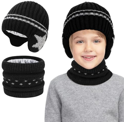 TAGVO Invierno Set de Bufanda Gorro de punto para Niños Niñas 2 a 6 Años, Térmico Gorro de lana Bufanda con Forro de Fleece Invierno Sets, Sombrero con orejeras Regalo para niños y niñas