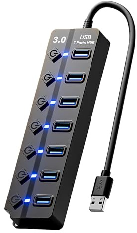 7-Port USB 3.0 Hub, Multi USB Port Hub with Individual Switches & Lights, Portable 7 Ports Splitter Adapter with 30cm Cable, High-Speed Data Hubs Extension for Pc, Laptop, Flash Drives, Printer