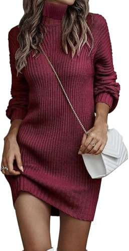 JFAN Vestito Donna Invernale Elegante Casual in Maglione Collo Alto Lungo Abito Caldo Lavorato a Maglia Pullover Vestiti,Borgogna,M