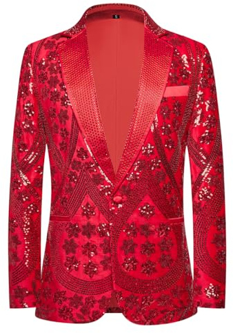 PYJTRL Men's Embroidered Sequin Floral Pattern Blazer Jacket with Rhinestone Notched Collar for Wedding Party Prom,Red,S