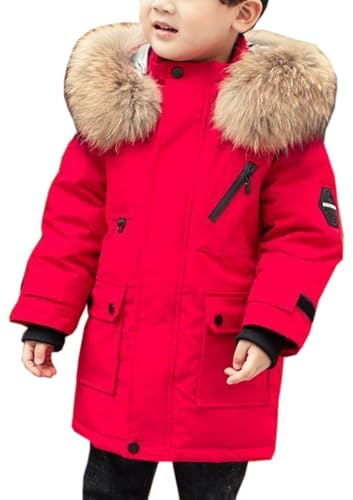 WIEAYUMEI Kids Boys Down Thick Coat, Toddler Boy Hooded Jackets Winter Parka Outwear with Big Hood Teenage Snowsuit Warm Thick Clothes Red 5-6 Years
