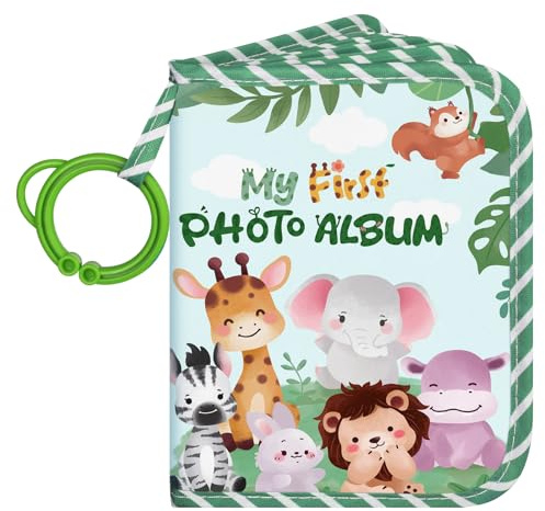 Lanpn Baby Photo Album Holds 17 6x4 Pictures, My First Soft Cloth Family Photo Book with Name Card Name Tag Stickers, Fabric Kid Memory Keepsake Gift for Baby Shower Toddlers (Animal-Green 02)