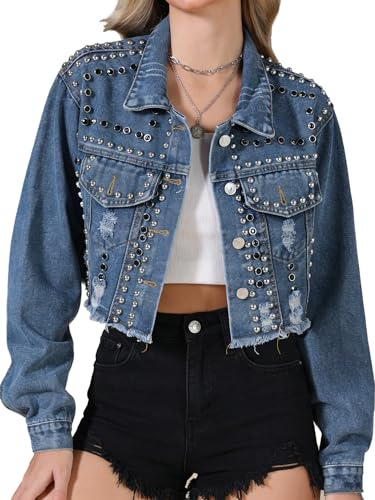 Allegra K Giacca in Denim per Donna con Borchie e Rivetti Giacca in Jeans Casual e Corta Azzurro L