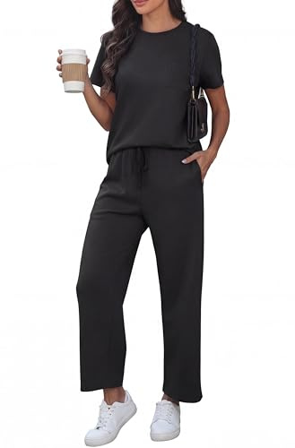 GRECERELLE Set di Abbigliamento da Viaggio a Due Pezzi per Aeroporto per Donne, Tuta Estiva a Manica Corta Casual con Girocollo, Set Completo da Donna con Maniche a Campana e Pantaloni da Jogging con
